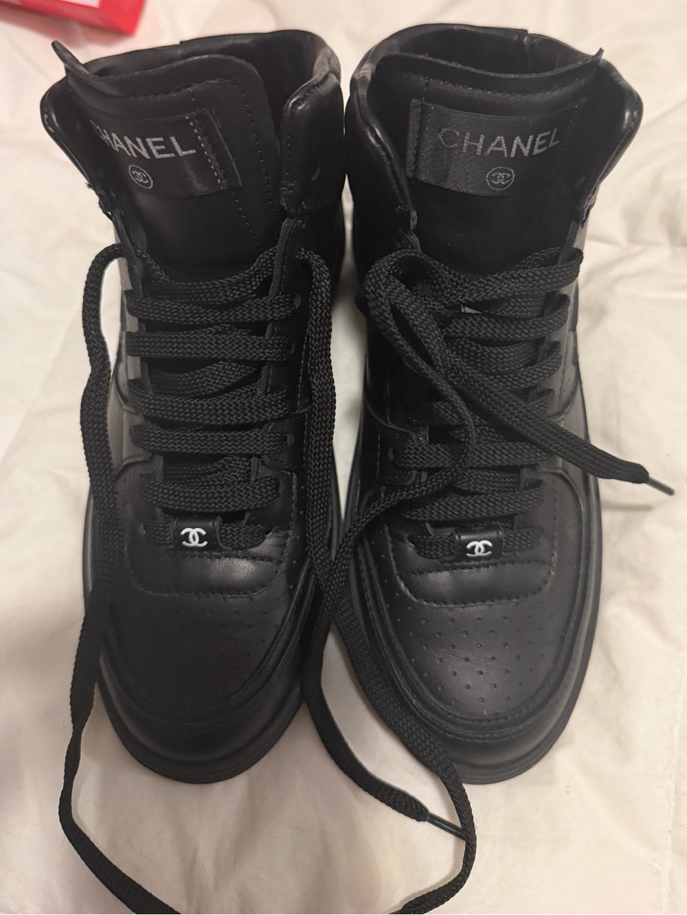 Authentic CHANEL Black High-Top Leather Sneakers Shoes 36.5 36 1/2 6.5 worn 1x